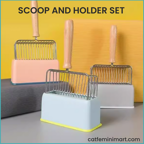 Stainless steel wooden handle cat litter shovel set - Scoop & Stand holder