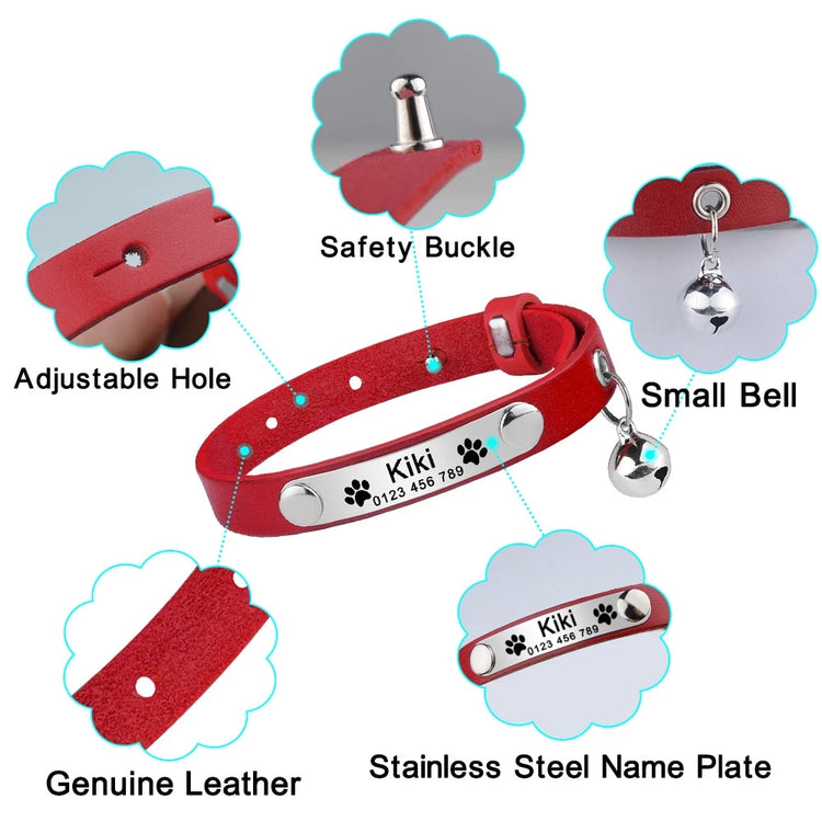Personalized Cat Leather Collar Custom Engraved Nameplate